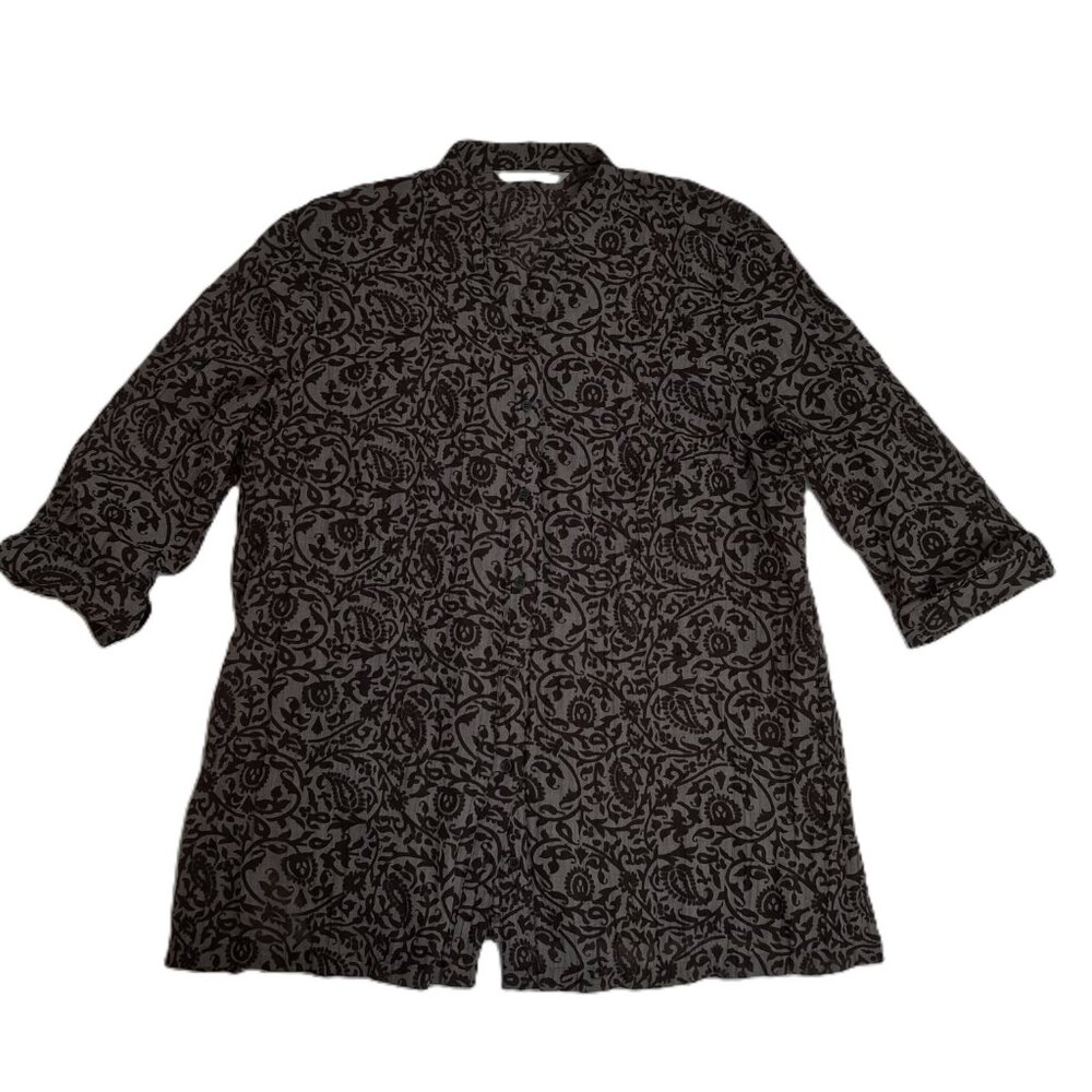 Button-Up Y2K Shirt Blouse 3/4 Sleeves Officecore Crinkle Semi-Sheer Fabric XL